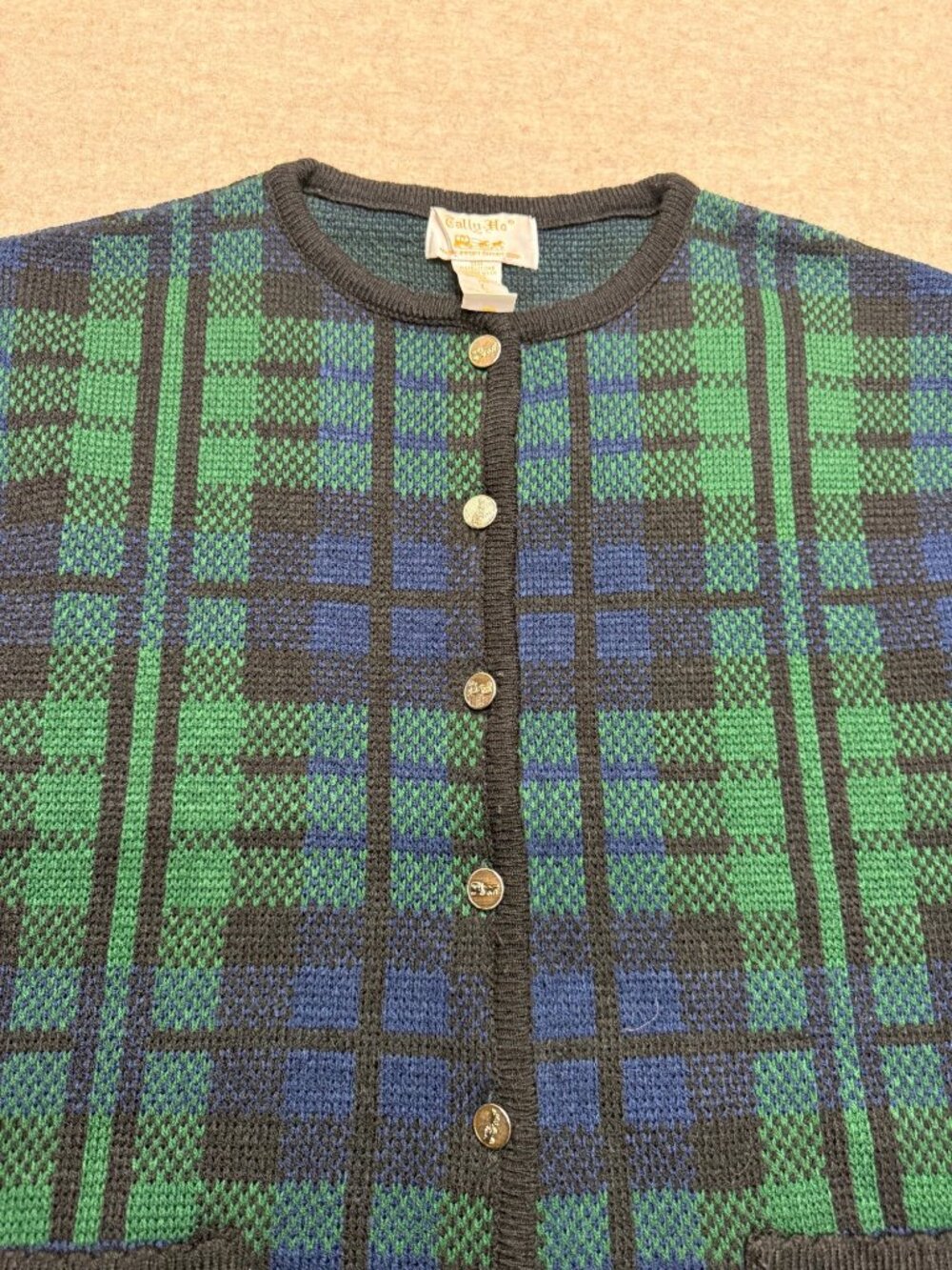 Vintage Tally-Ho Black Watch Pattern Button Down Long Sleeve Cardigan Large - Picture 2 of 9